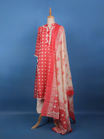 Red Geometric Printed Cotton Salwar Suit - Diadem