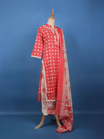 Red Geometric Printed Cotton Salwar Suit - Diadem