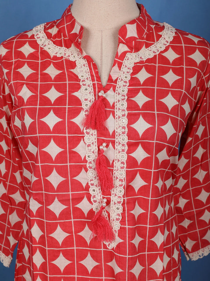 Red Geometric Printed Cotton Salwar Suit - Diadem