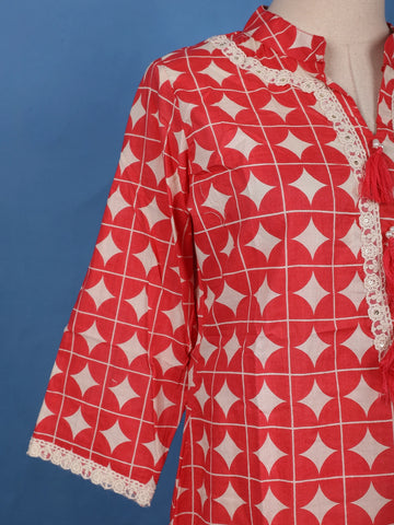 Red Geometric Printed Cotton Salwar Suit - Diadem