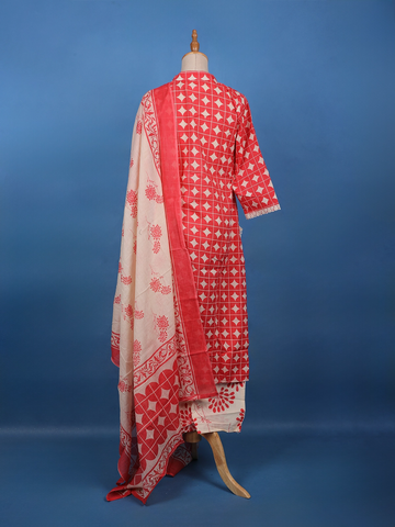 Red Geometric Printed Cotton Salwar Suit - Diadem