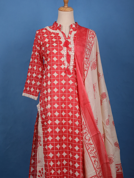 Red Geometric Printed Cotton Salwar Suit - Diadem