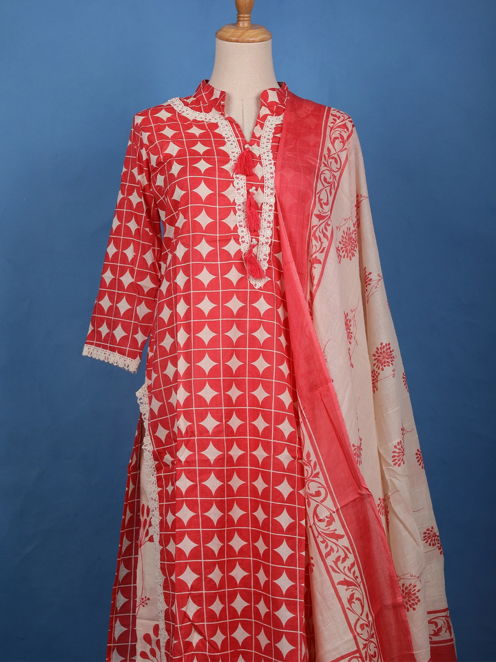 Red Geometric Printed Cotton Salwar Suit - Diadem