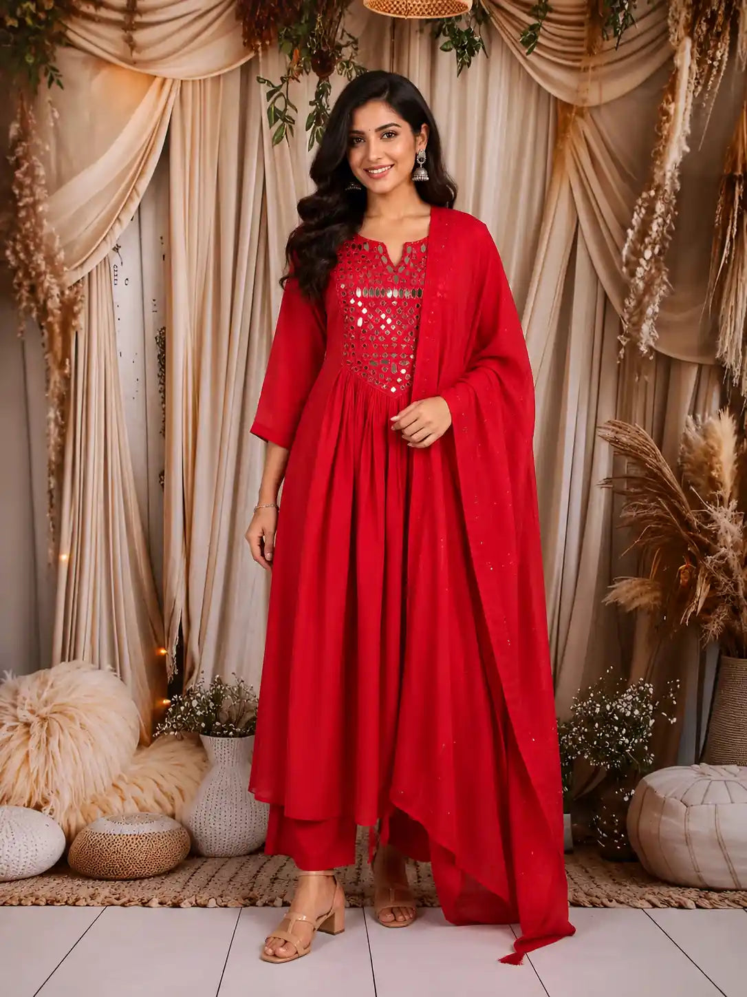 Red Mirror Embroidered Cotton Anarkali Salwar Suit with Dupatta