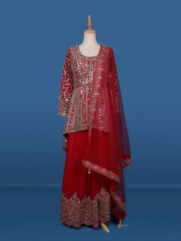 Red Mirror Embroidered Georgette Palazzo Salwar Suit - Diadem