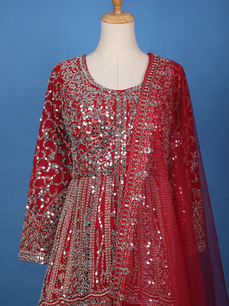 Red Mirror Embroidered Georgette Palazzo Salwar Suit - Diadem