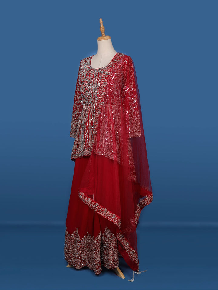 Red Mirror Embroidered Georgette Palazzo Salwar Suit - Diadem