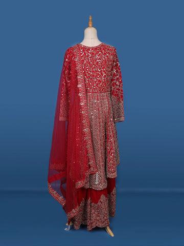 Red Mirror Embroidered Georgette Palazzo Salwar Suit - Diadem