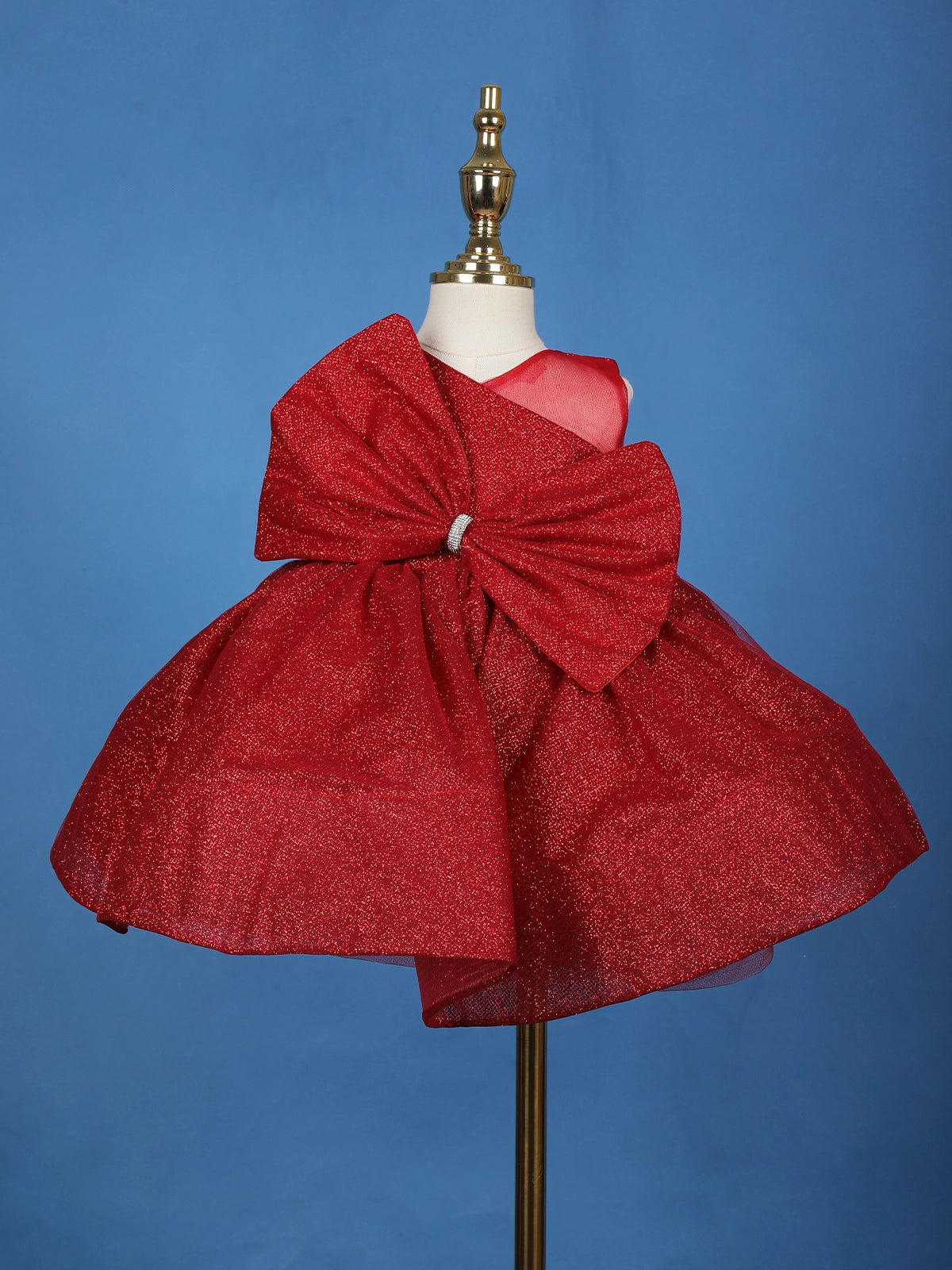 Red One-Shoulder Glitter Party Net Frock with Rhinestone Bow
