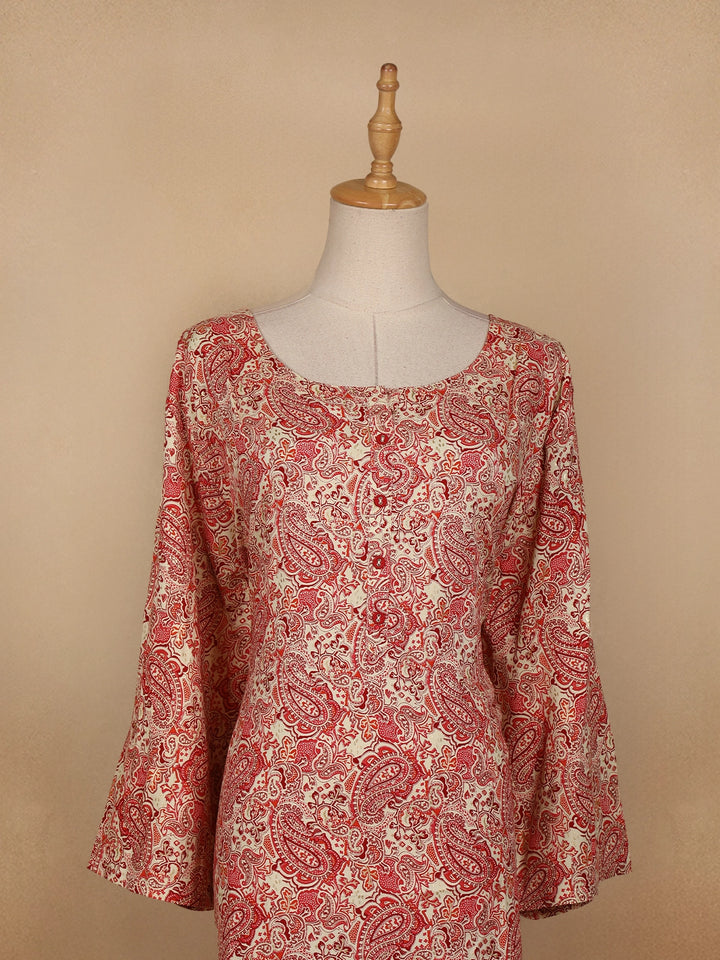 Red Paisley Printed Cotton Kurti - Diadem