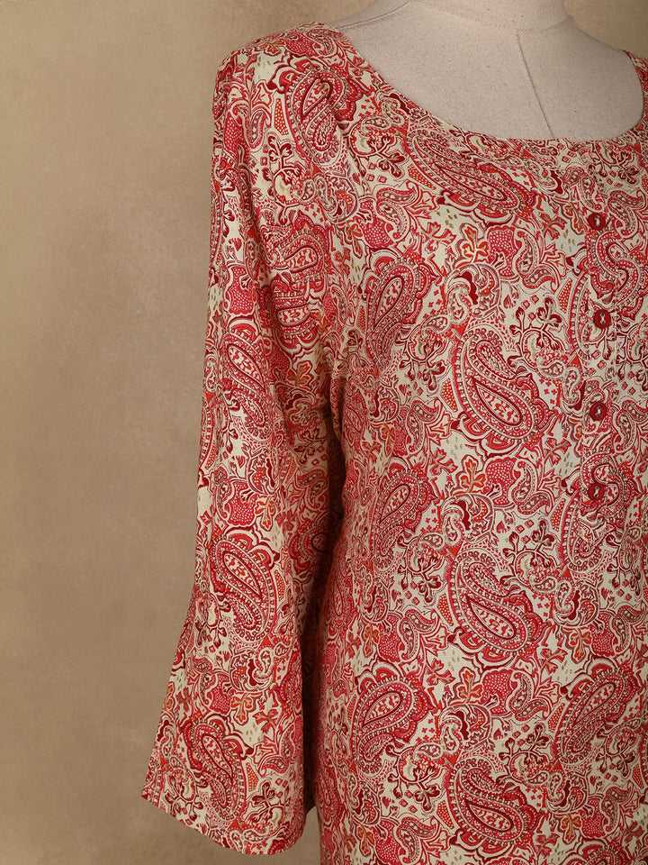 Red Paisley Printed Cotton Kurti - Diadem