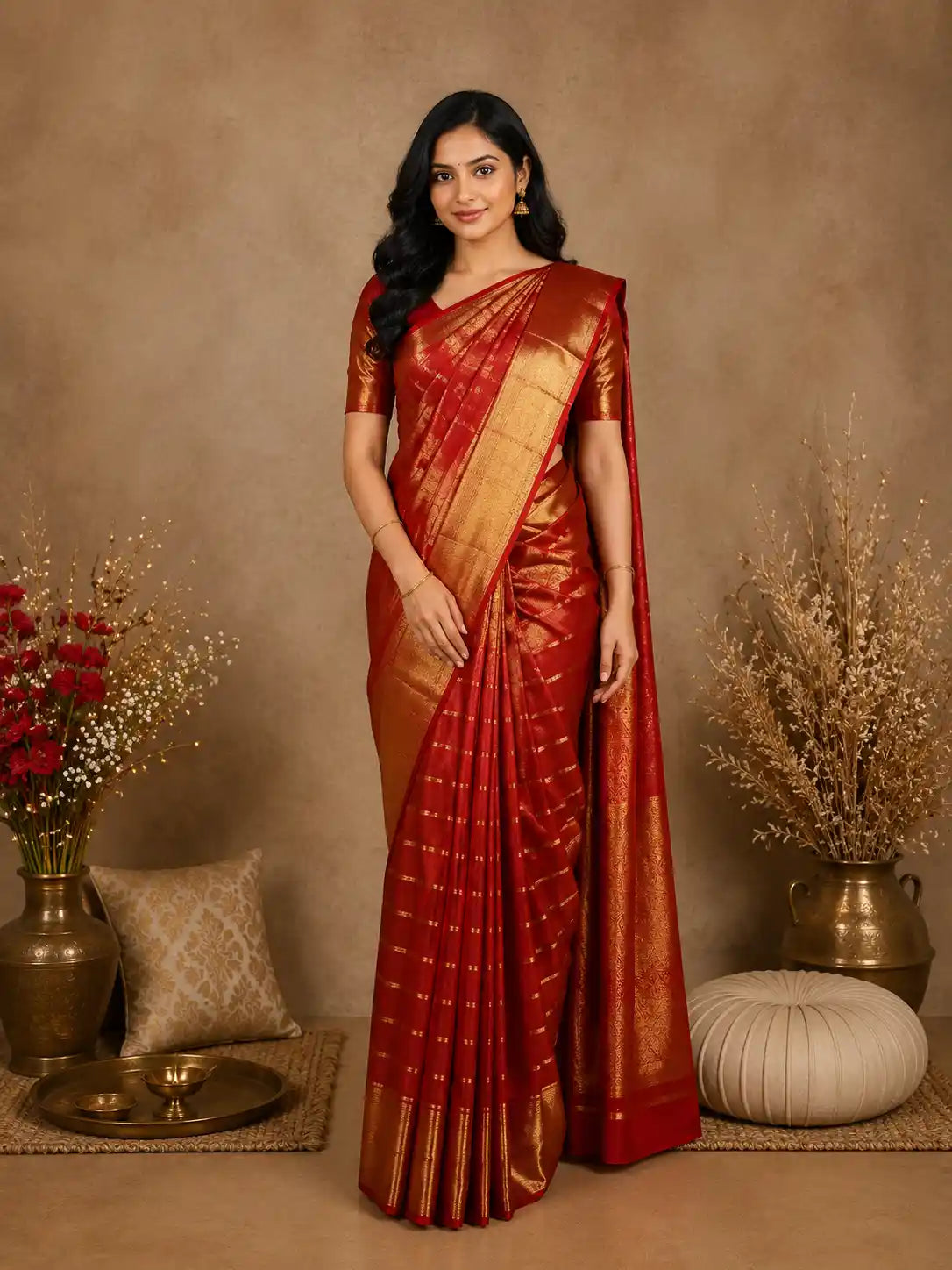Red Peacock Motif Pure Kanchipuram Silk Saree With Zari Border