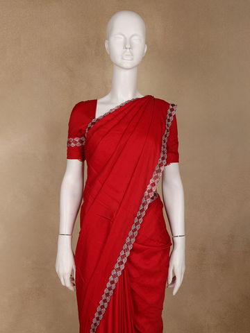 Red Satin Fancy Saree with Designed Border - Diadem