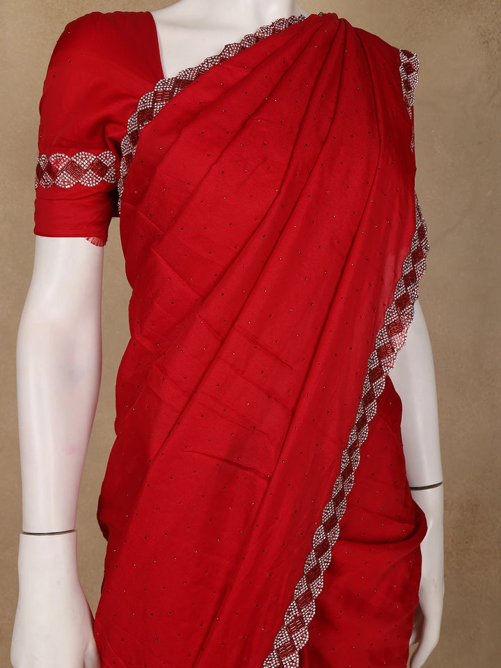 Red Satin Fancy Saree with Designed Border - Diadem