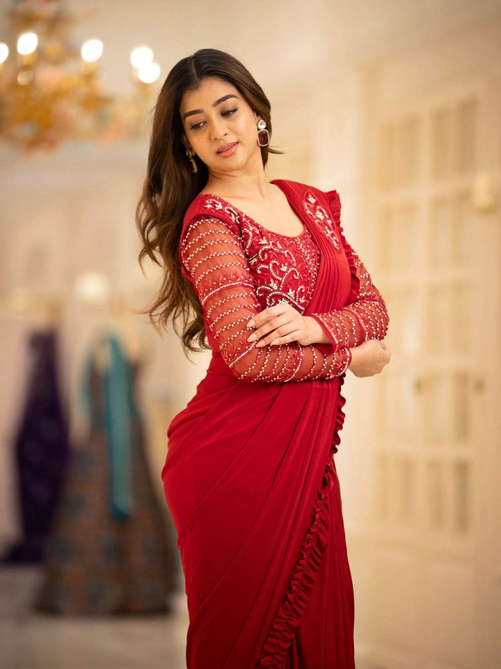 Red Satin Ready To Wear Saree With Plain Body Paired with Designer Blouse - Diadem