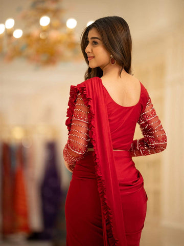 Red Satin Ready To Wear Saree With Plain Body Paired with Designer Blouse - Diadem