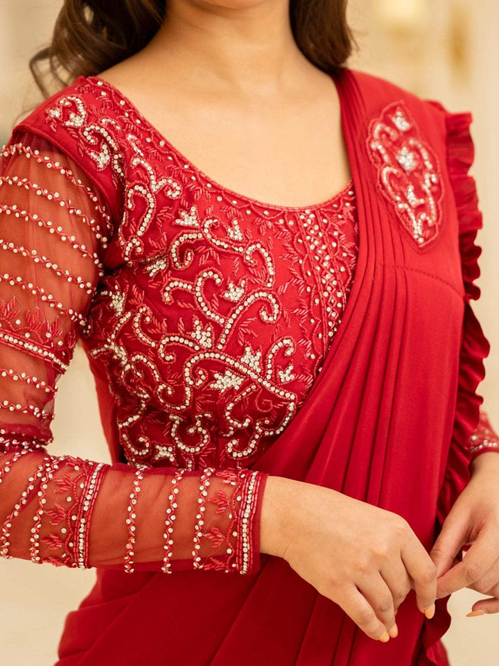 Red Satin Ready To Wear Saree With Plain Body Paired with Designer Blouse - Diadem