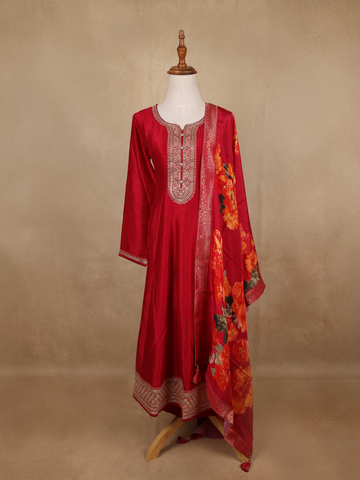 Red Sequins Design Printed Semi Silk Anarkali Salwar Suit - Diadem