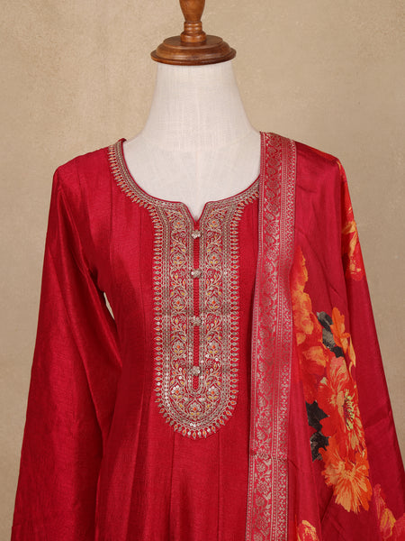 Red Sequins Design Printed Semi Silk Anarkali Salwar Suit - Diadem