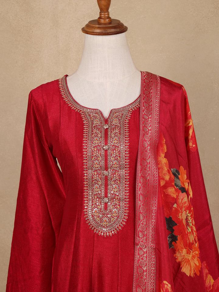 Red Sequins Design Printed Semi Silk Anarkali Salwar Suit - Diadem