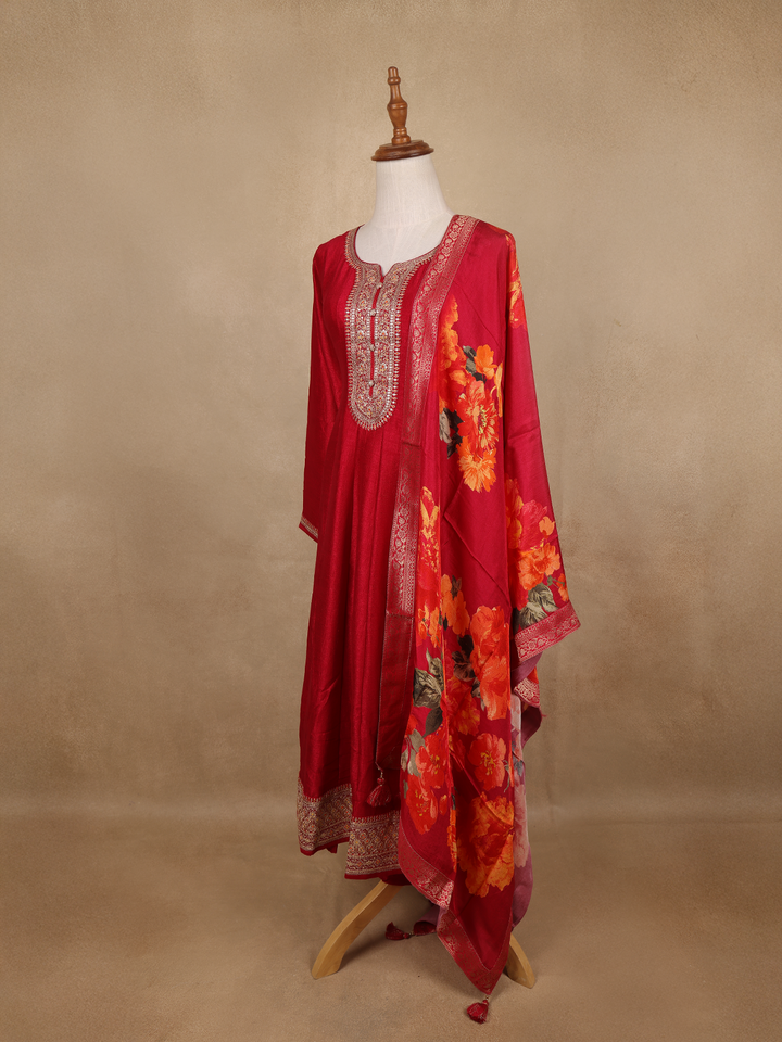 Red Sequins Design Printed Semi Silk Anarkali Salwar Suit - Diadem