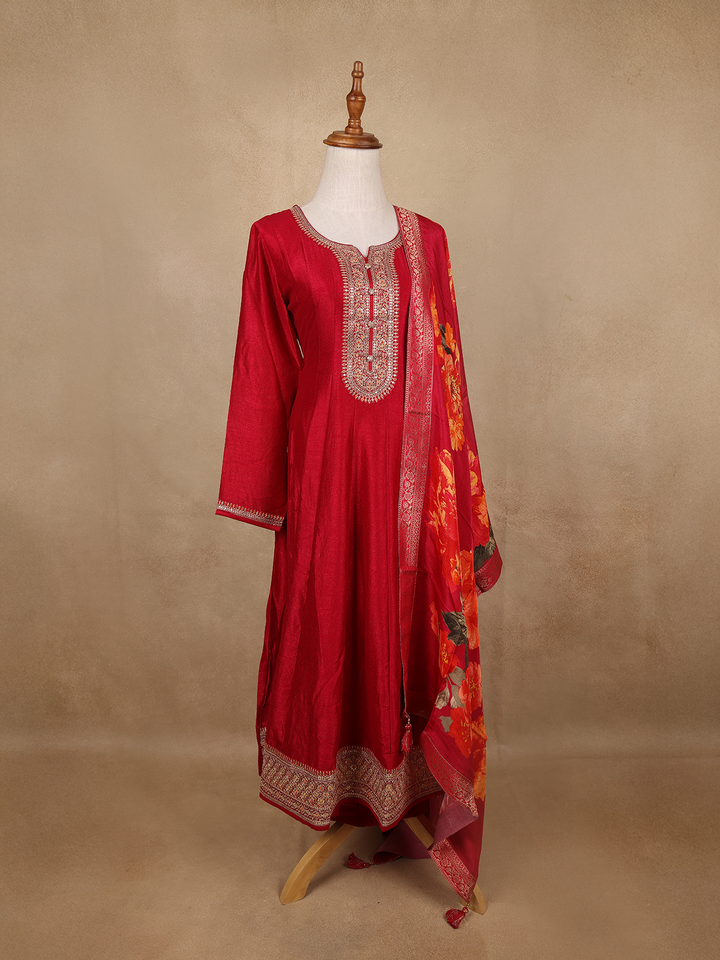 Red Sequins Design Printed Semi Silk Anarkali Salwar Suit - Diadem