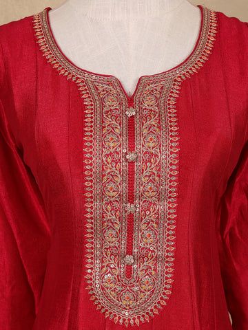 Red Sequins Design Printed Semi Silk Anarkali Salwar Suit - Diadem