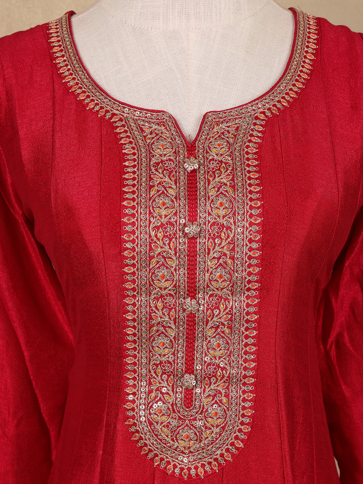 Red Sequins Design Printed Semi Silk Anarkali Salwar Suit - Diadem