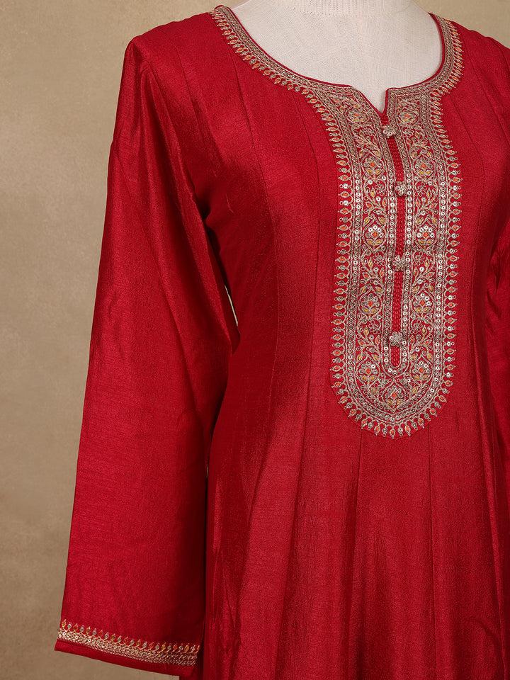 Red Sequins Design Printed Semi Silk Anarkali Salwar Suit - Diadem