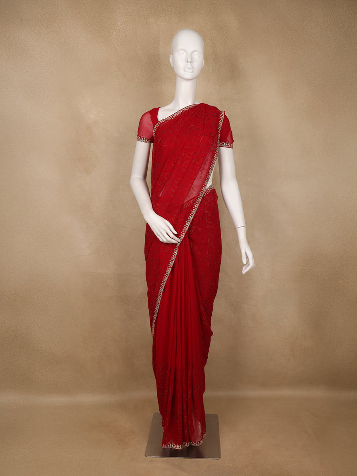 Red Sequins Design Satin Saree - Diadem