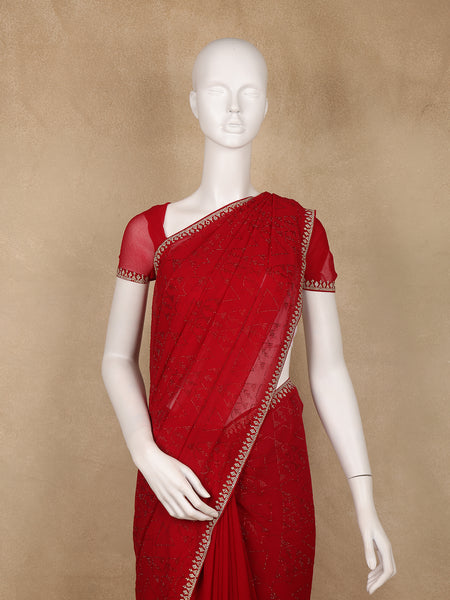 Red Sequins Design Satin Saree - Diadem