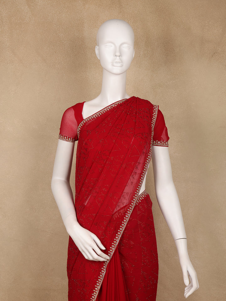 Red Sequins Design Satin Saree - Diadem