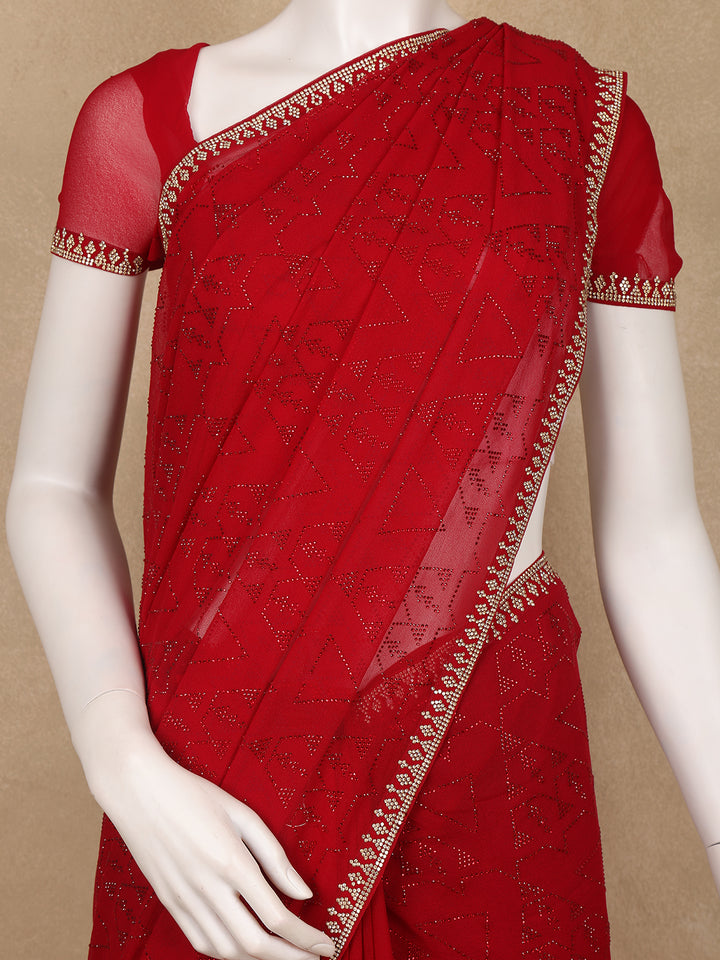 Red Sequins Design Satin Saree - Diadem