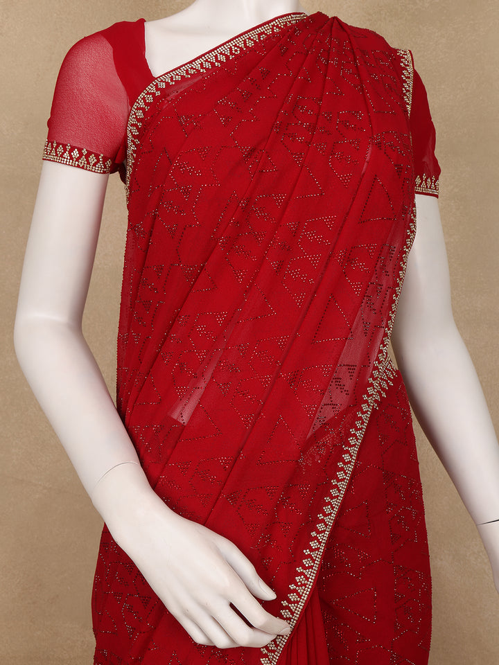 Red Sequins Design Satin Saree - Diadem