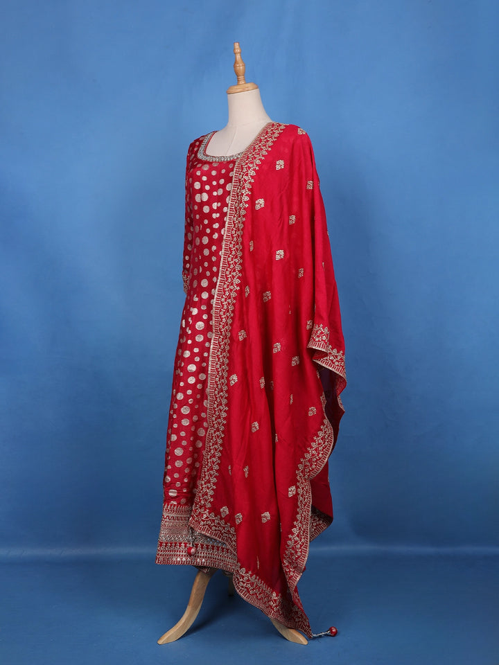 Red Sequins Embroidery Printed Georgette Salwar Suit - Diadem