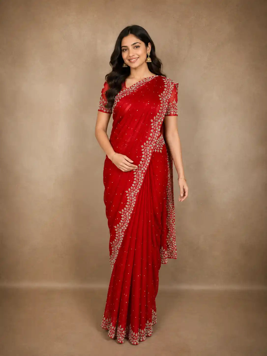 Red Sequins and Beads Embroidered Design Space Silk Party Wear Saree