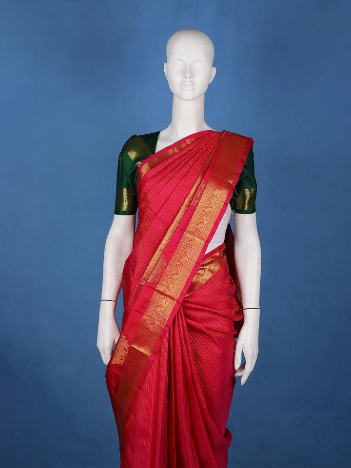 Red Striped Design Zari Border Silk Saree - Diadem