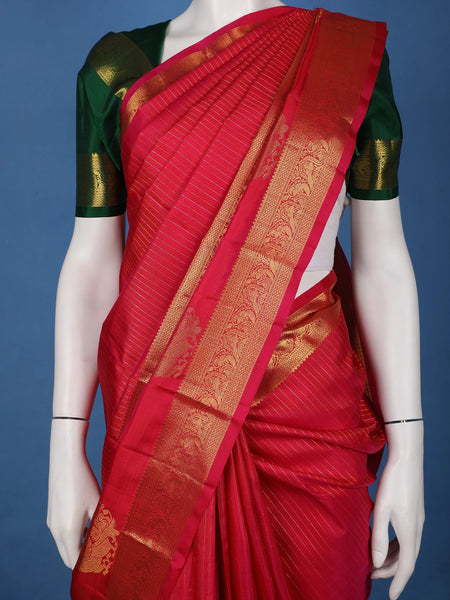 Red Striped Design Zari Border Silk Saree - Diadem