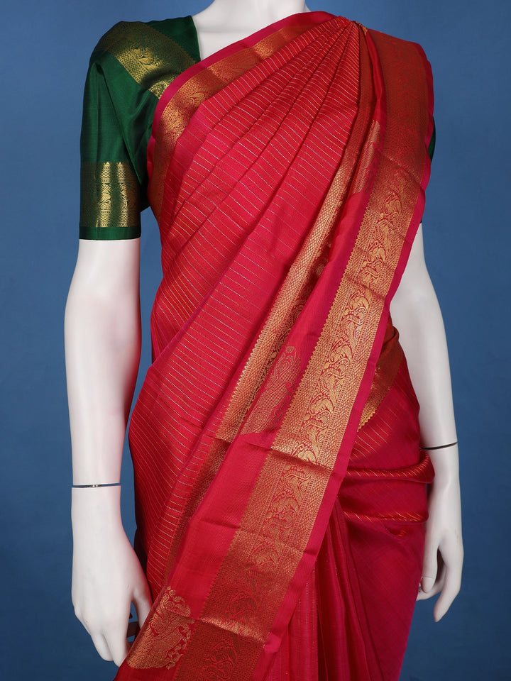Red Striped Design Zari Border Silk Saree - Diadem