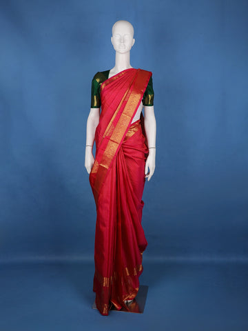 Red Striped Design Zari Border Silk Saree - Diadem
