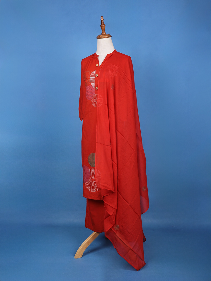 Red Thread Worked Cotton Salwar Suit - Diadem