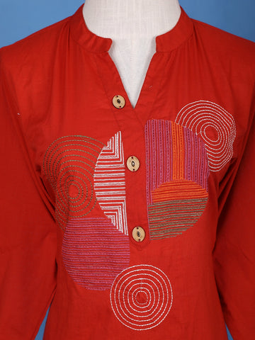 Red Thread Worked Cotton Salwar Suit - Diadem