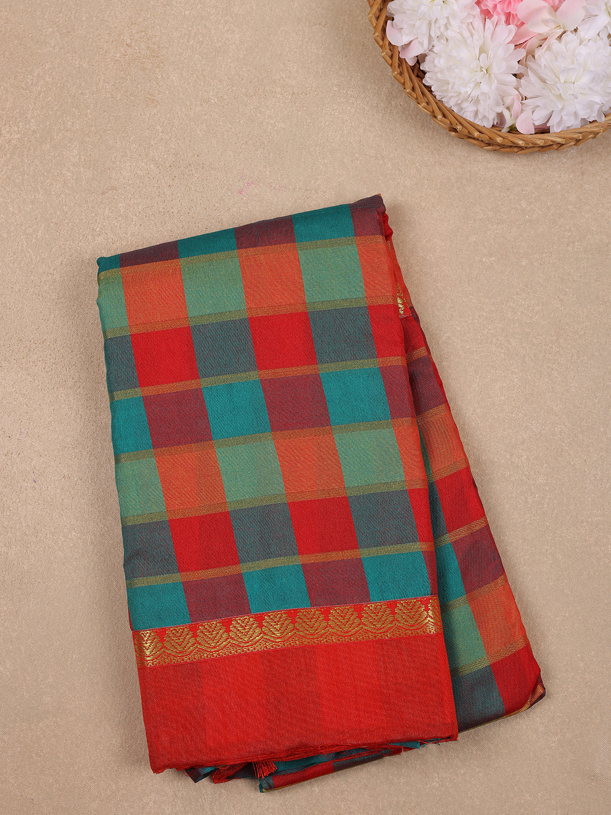Red With Multicolor Checked Designed Woven Semi Silk Fancy Saree - Diadem