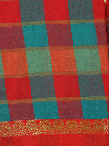 Red With Multicolor Checked Designed Woven Semi Silk Fancy Saree - Diadem