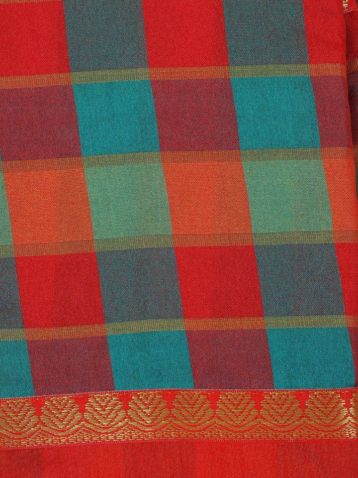 Red With Multicolor Checked Designed Woven Semi Silk Fancy Saree - Diadem