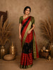 Red and Black Floral Butta Striped Design Mul Mul Cotton Saree with Zari Border