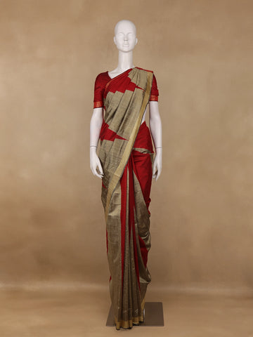 Red and Golden Beige Geometric Pattern Woven Tussar Silk Saree - Diadem
