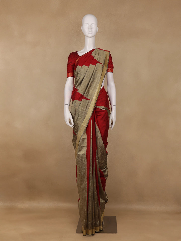 Red and Golden Beige Geometric Pattern Woven Tussar Silk Saree - Diadem