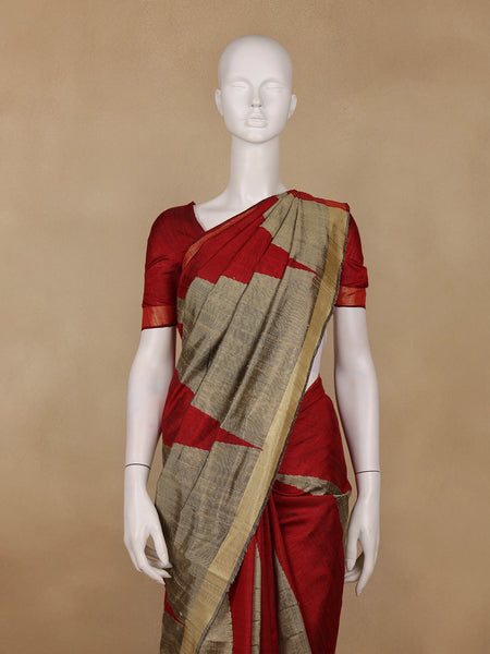 Red and Golden Beige Geometric Pattern Woven Tussar Silk Saree - Diadem