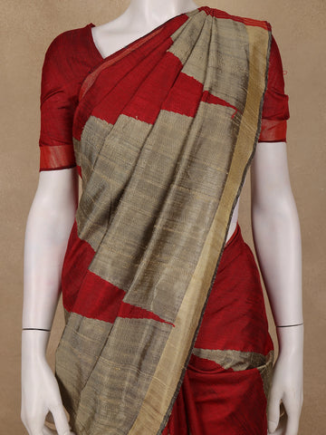 Red and Golden Beige Geometric Pattern Woven Tussar Silk Saree - Diadem